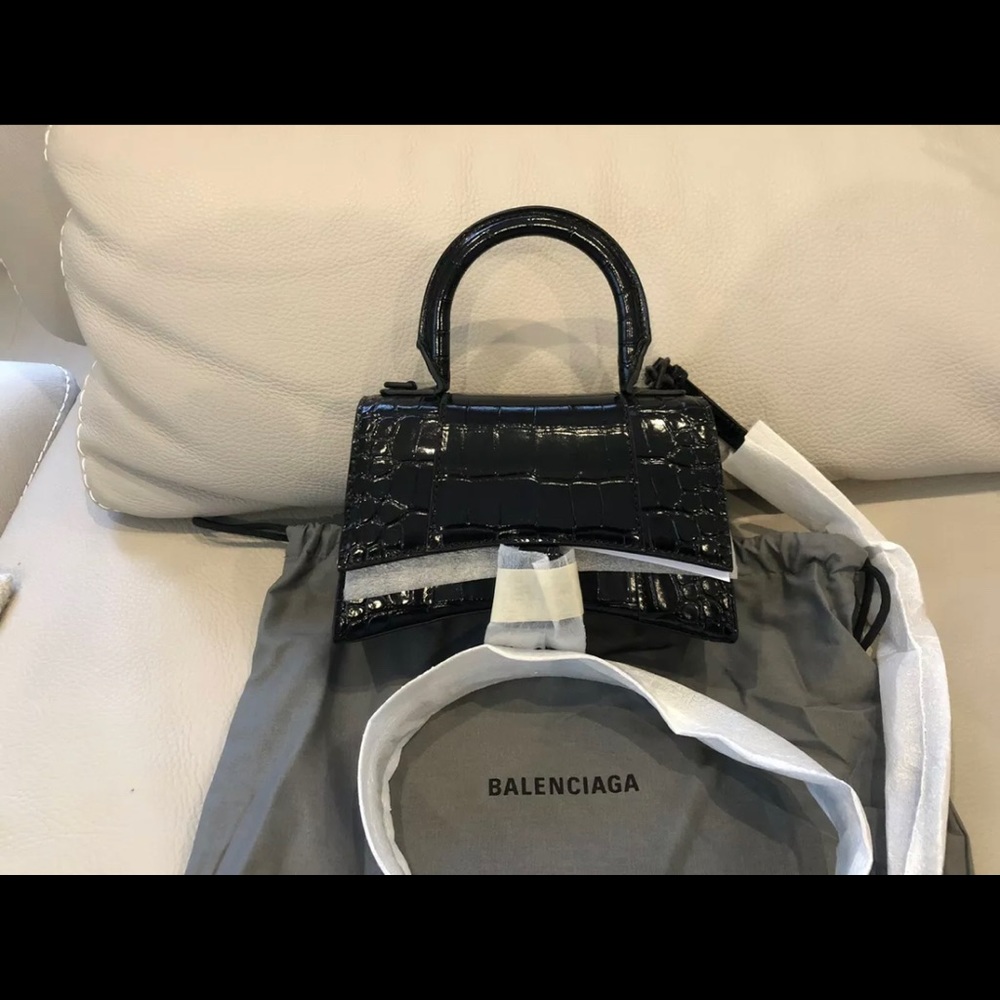 Balenciaga Top Handle Hourglass XS Croc Embossed Leather.